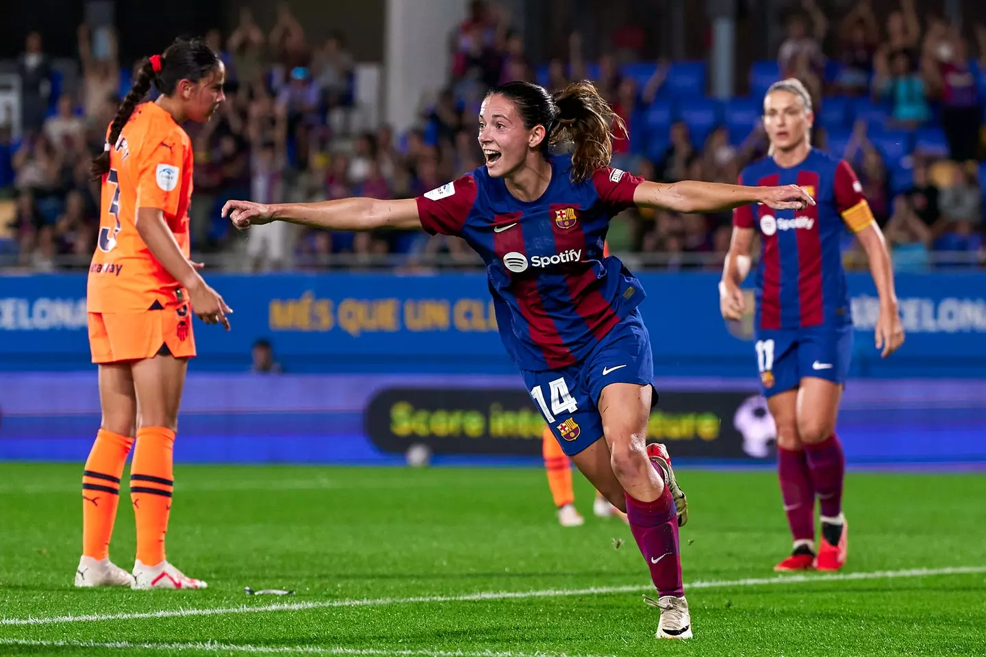 Aitana Bonmati celebrates scoring for Barcelona. Image: Getty 