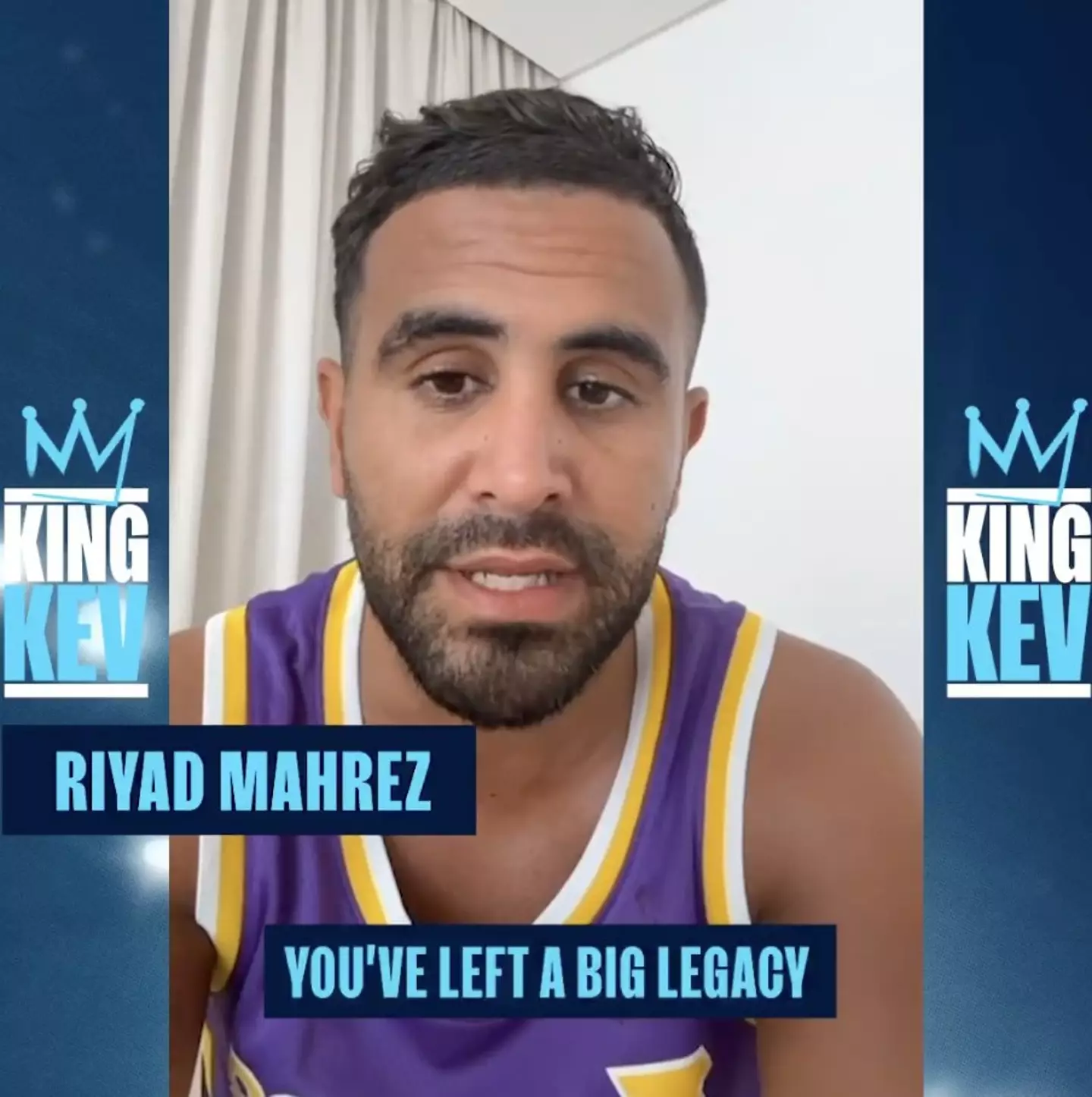 RIyad Mahrez wore a NBA jersey during Kevin De Bruyne's farewell speech. Image: Manchester City