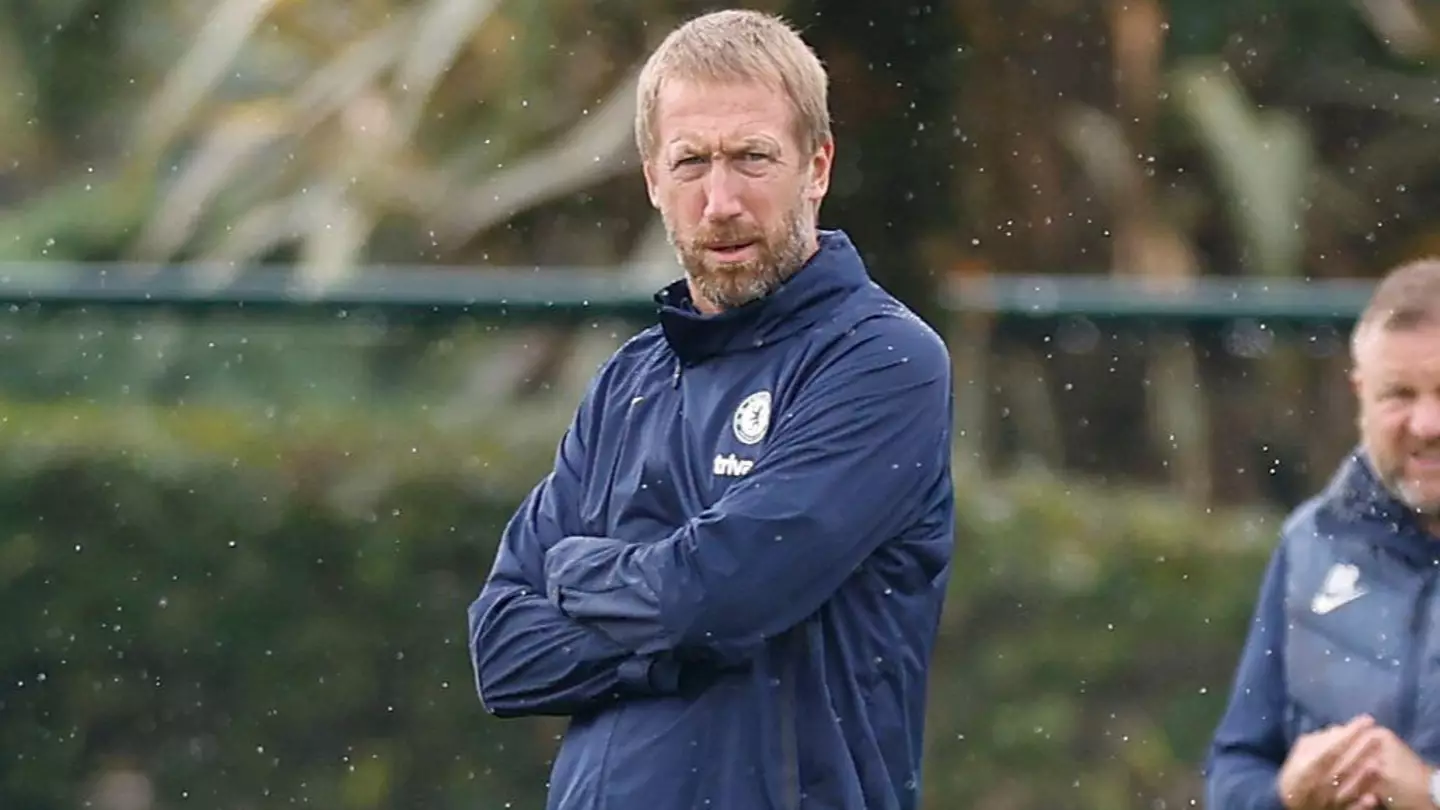 Chelsea manager Graham Potter (centre), with assistant managers Anthony Barry (left) and Billy Reid during a training session at Cobham Training Centre. (Alamy)