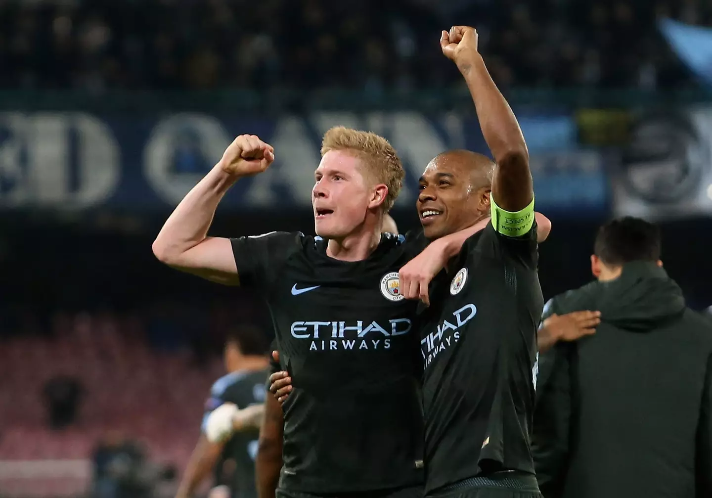 Kevin De Bruyne and Fernandinho celebrate a Manchester City victory over Napoli in the Champions League. Image: Getty