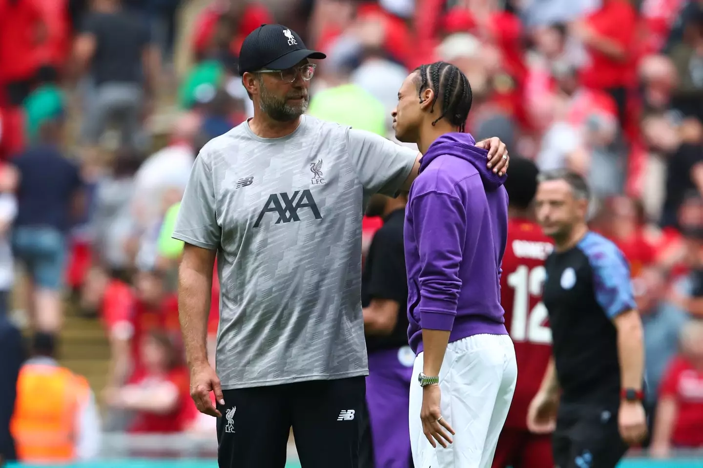 Jurgen Klopp and Leroy Sane during the Community Shield in 2019. Image: Getty