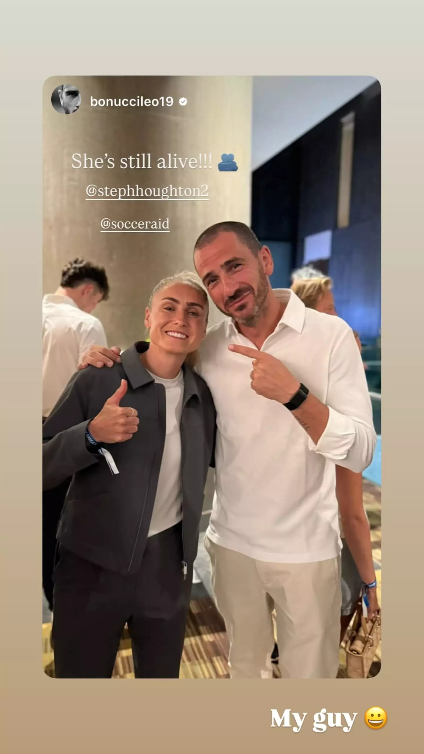 Bonucci and Houghton were all smiles at the end of the game. Image: Instagram/@bonuccileo19