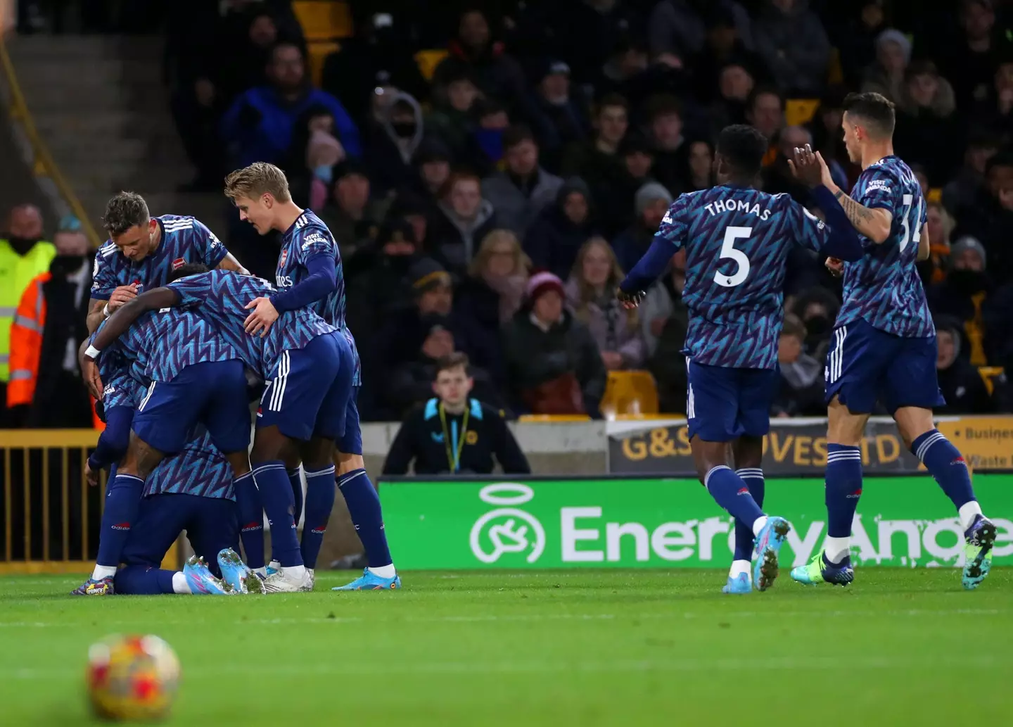 Arsenal players celebrate their goal. Image: PA Images