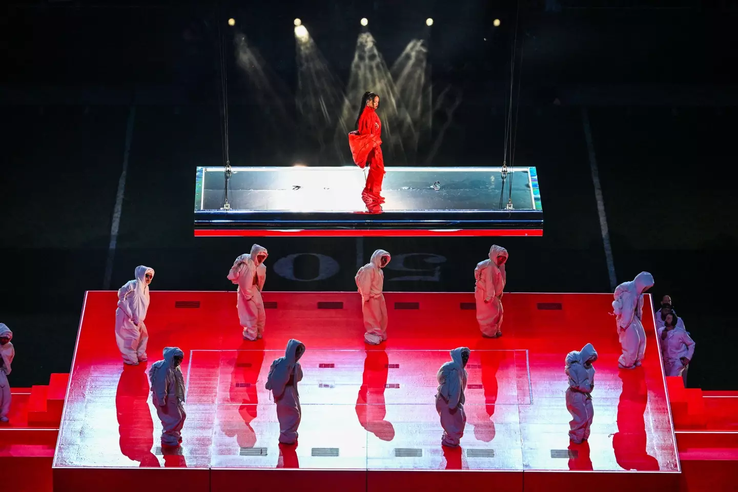 Rihanna performs during the Super Bowl halftime show. Image: Alamy