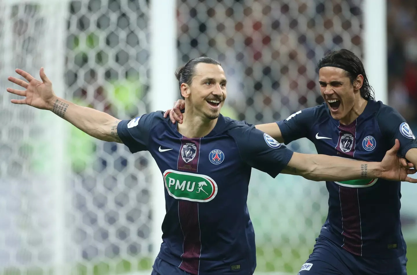 Zlatan Ibrahimovic celebrates with Edinson Cavani. Image: Getty