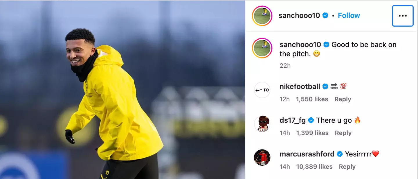 Marcus Rashford responds to Jadon Sancho's Instagram post.