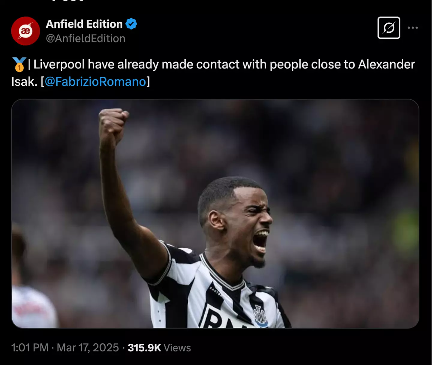 Isak has been linked with moves to Arsenal, Liverpool and Barcelona (Image: Twitter)