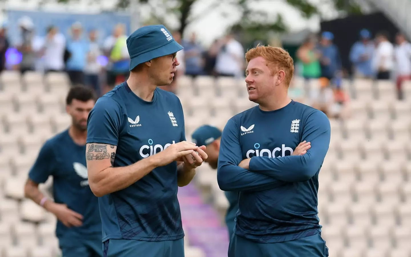 Andrew Flintoff talks to England batter Jonny Bairstow during the New Zealand ODI series (