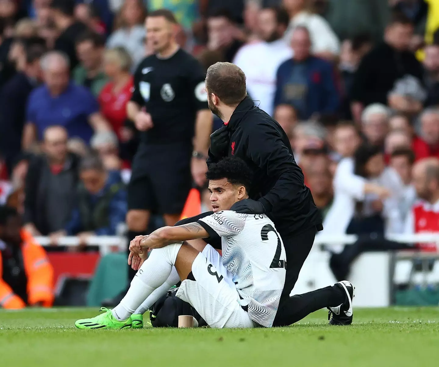 Diaz sits on the pitch before being helped off due to his injury. Image: Alamy