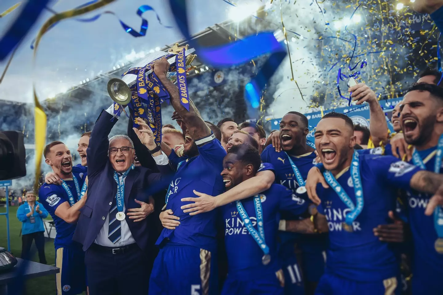 Leicester captain Wes Morgan and manager Claudio Ranieri lift the Premier League trophy after an unforgettable campaign. Image credit: Getty