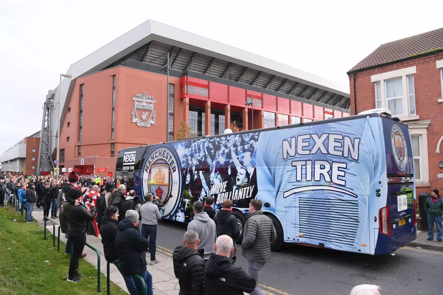Manchester City's bus arrives at Anfield for a Premier League fixture. Image: Getty