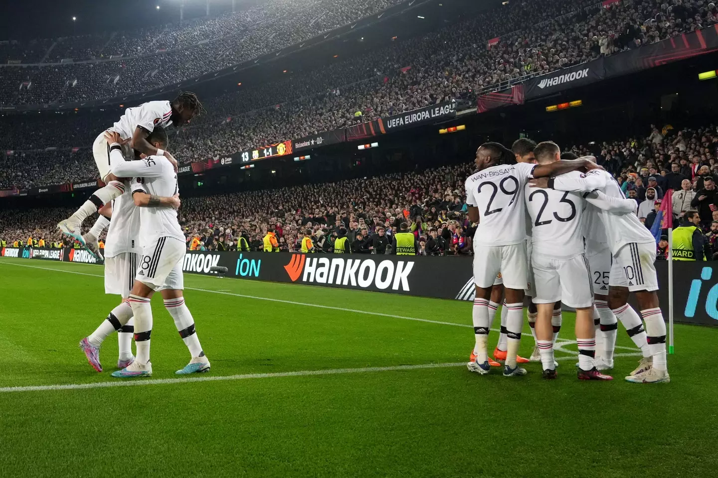 Manchester United players celebrate scoring against Barcelona. Image: Alamy