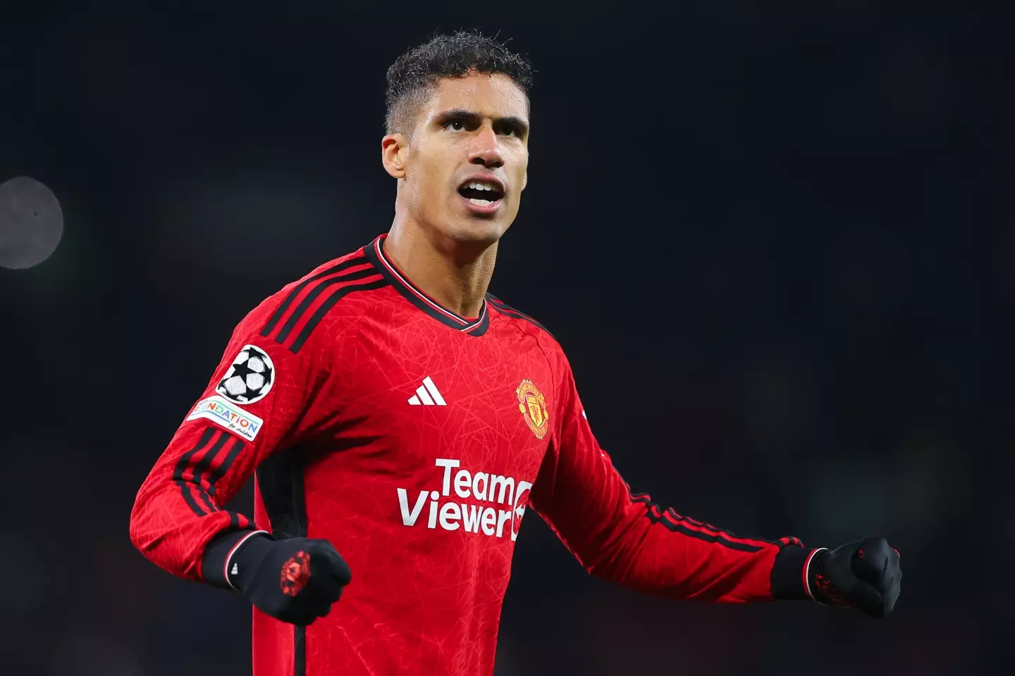 Raphael Varane celebrates winning a Champions League game for Manchester United. Image: Getty