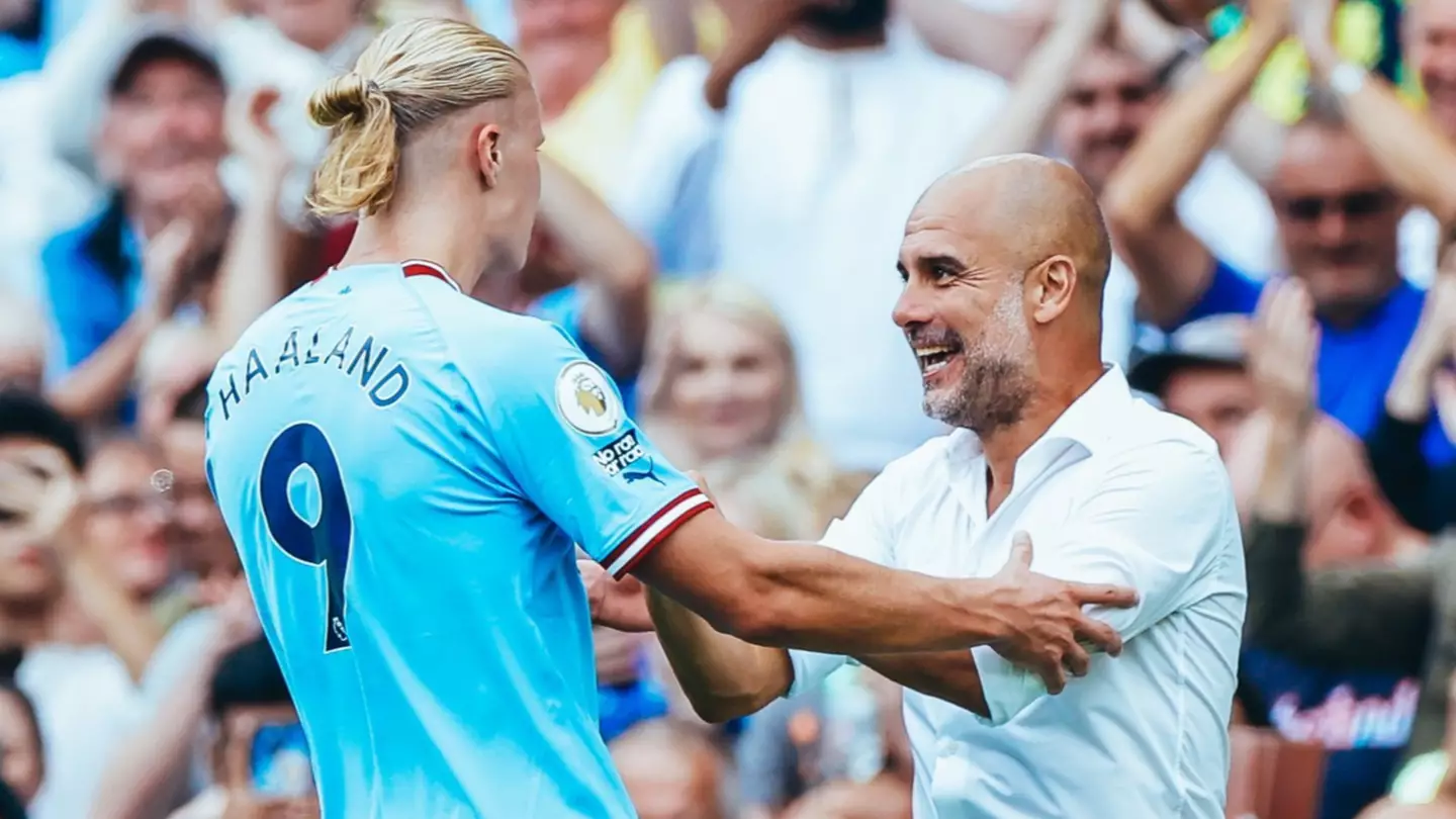 Manchester City manager Pep Guardiola with Erling Haaland. (Alamy)