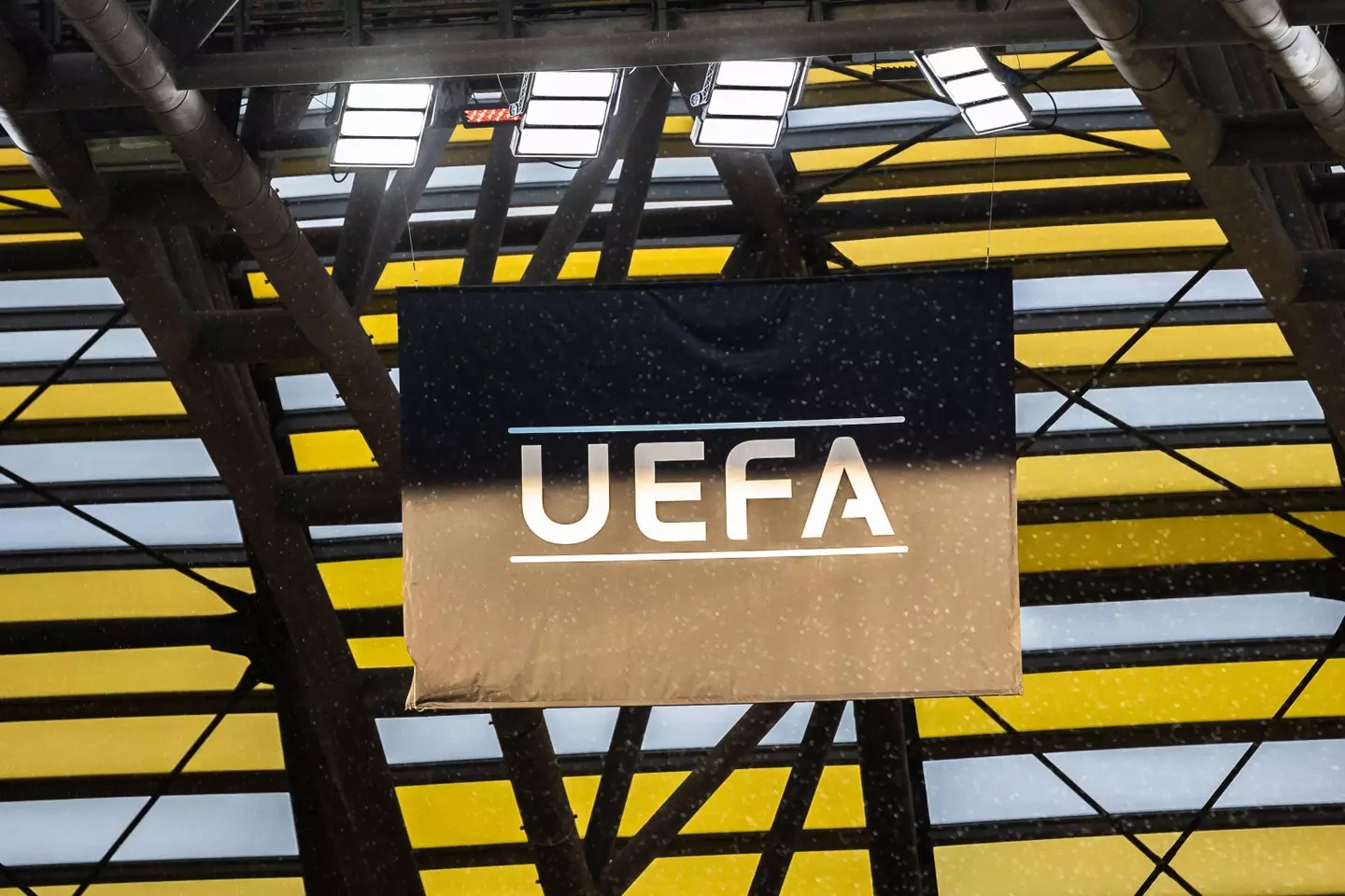 UEFA logo seen during the UEFA Europa League Final 2021 match cup awarding ceremony between Villarreal CF and Manchester United. (Alamy)