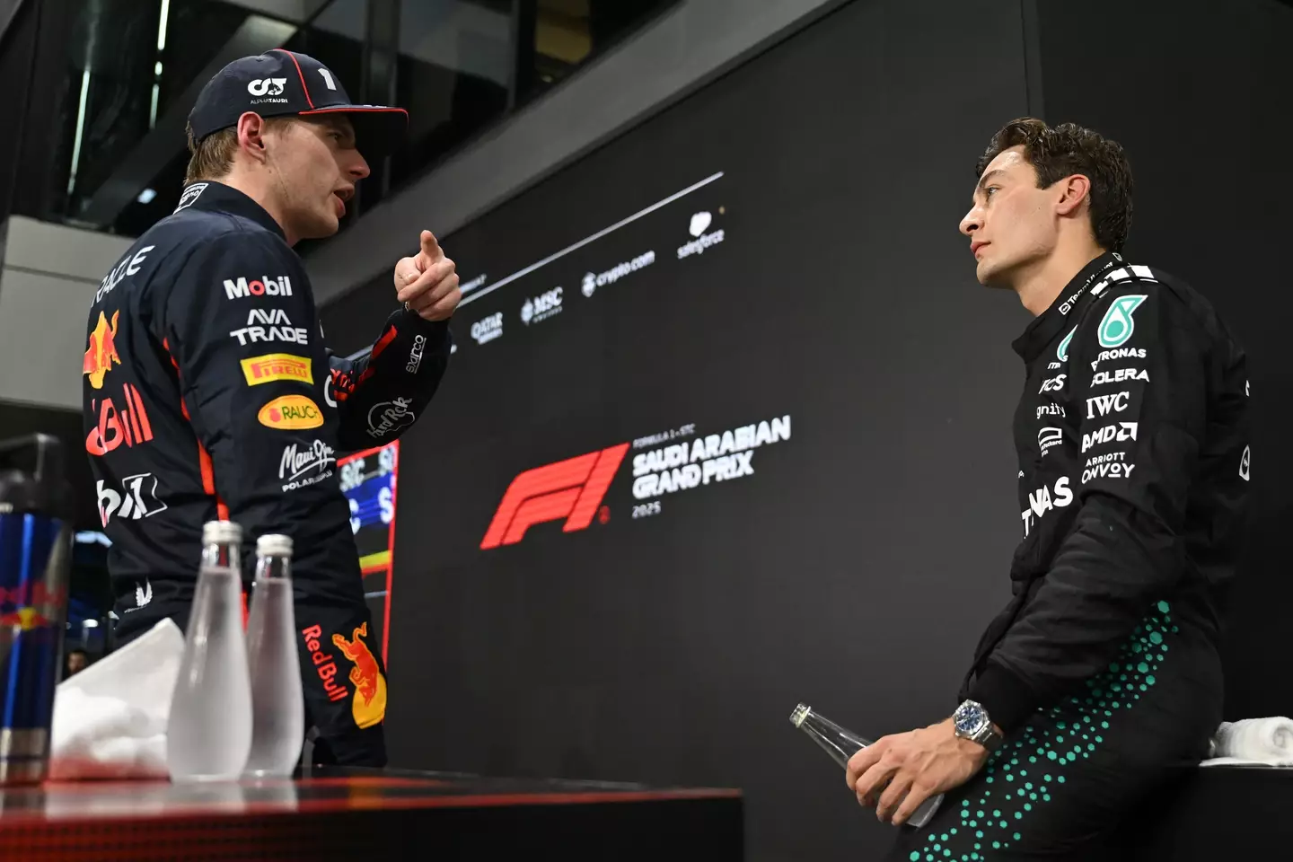 Max Verstappen and George Russell. Image: Getty