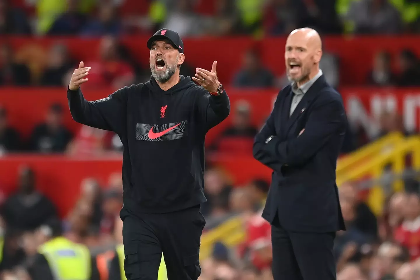 Jurgen Klopp and Erik ten Hag on the touchline. Image: Getty