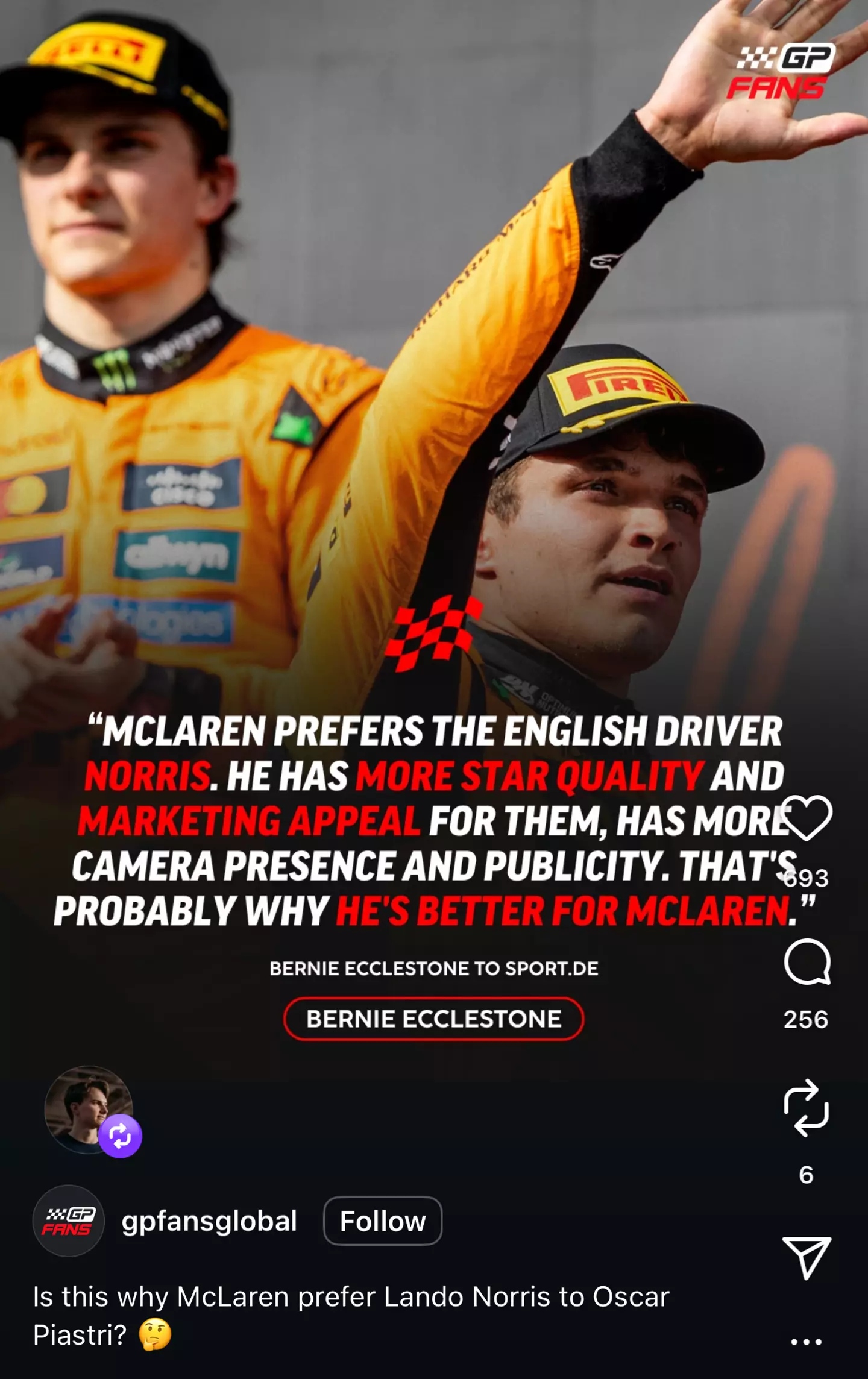 Oscar Piastri reposted the quote onto his Instagram account