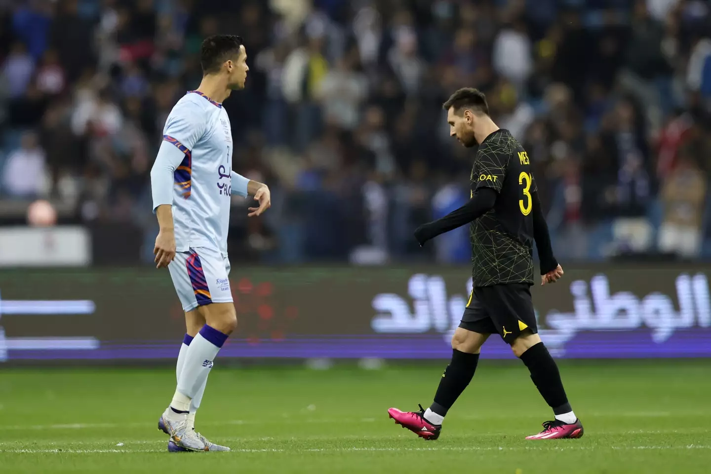 Cristiano Ronaldo and Lionel Messi playing against each other. Image: Getty 