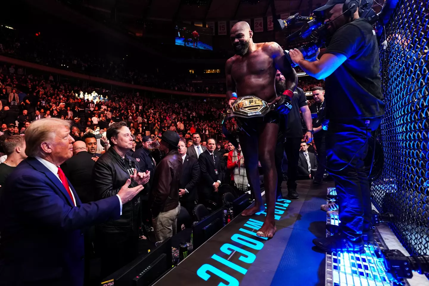 Jon Jones interacts with Donald Trump following his victory over Stipe Miocic at UFC 309. Image: Getty