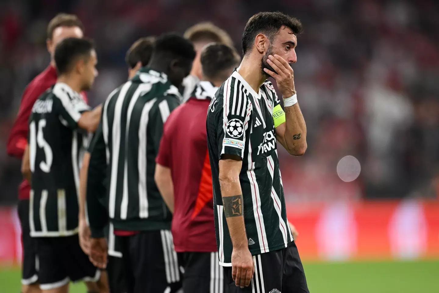 Bruno Fernandes cuts a dejected figure. Image: Getty 