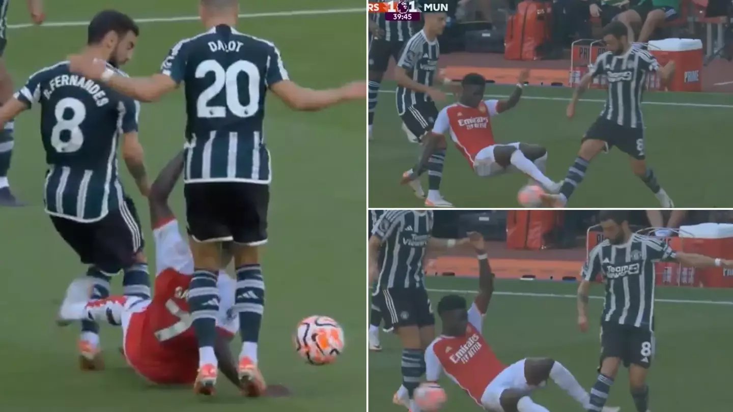 Man Utd fans furious Bukayo Saka wasn't shown red card for studs-up challenge on Bruno Fernandes