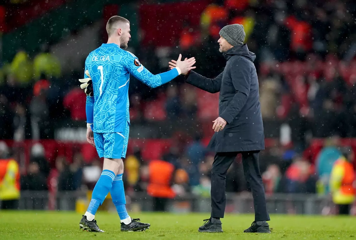 David de Gea and Erik ten Hag at full-time after Manchester United beat Real Betis. Image: PA