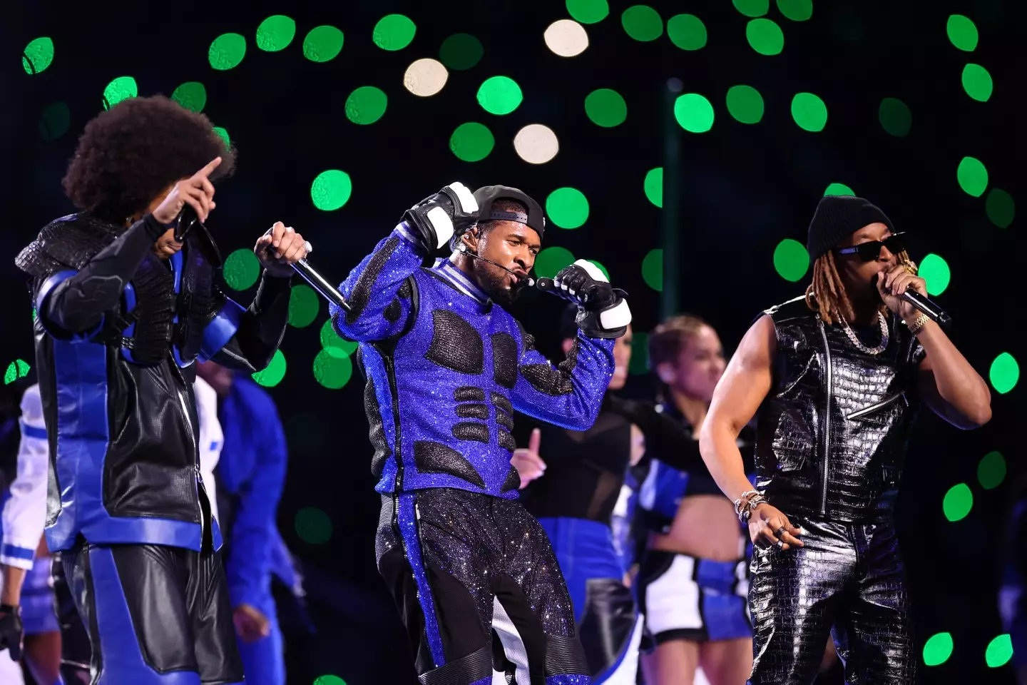 Usher during his half-time show at Super Bowl 58. Image: Getty