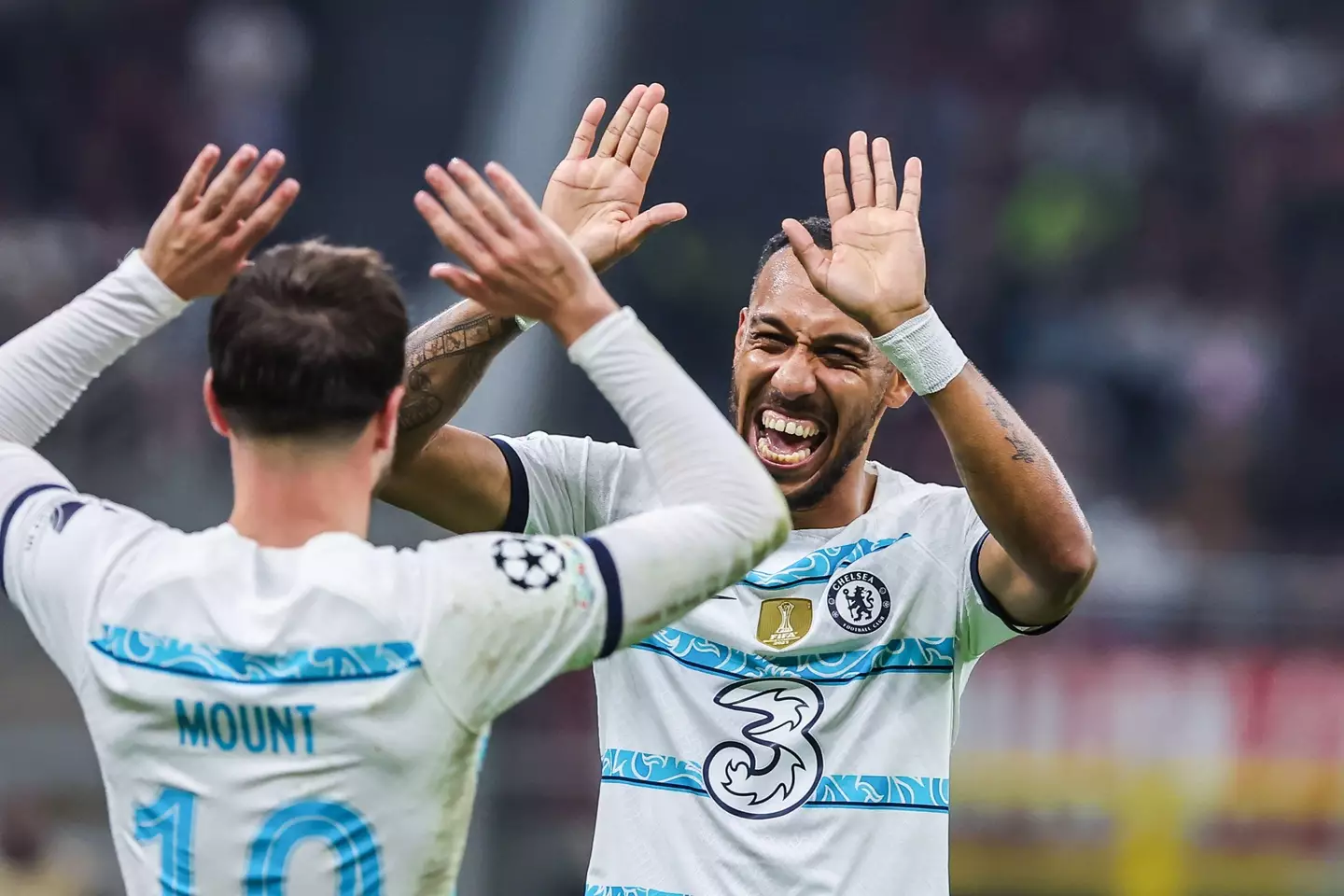 Pierre-Emerick Aubameyang (R) and Mason Mount (L) of Chelsea FC celebrate after scoring a goal during the UEFA Champions League. (Alamy)