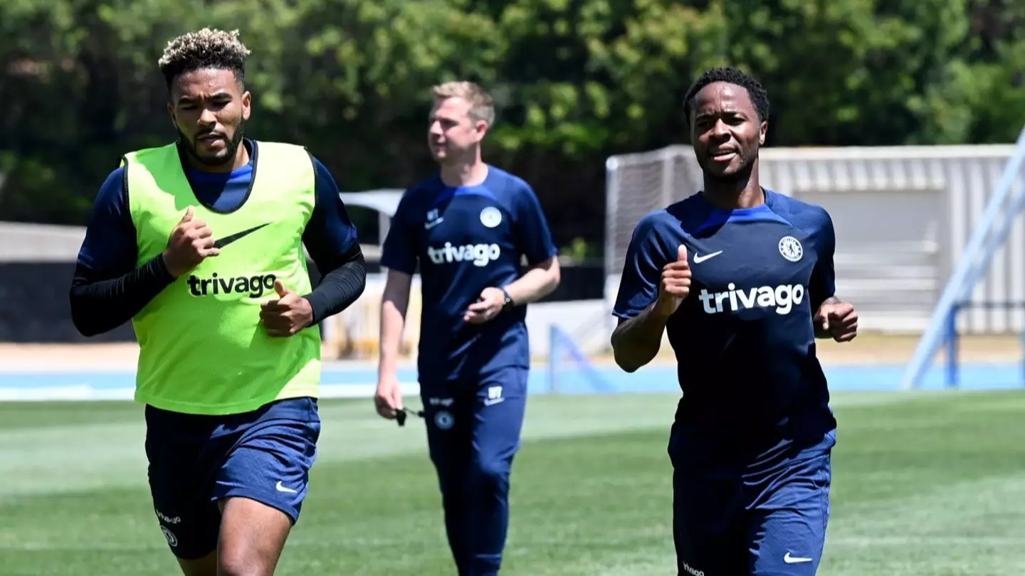 Raheem Sterling in training with his new Chelsea teammates. (Chelsea FC)