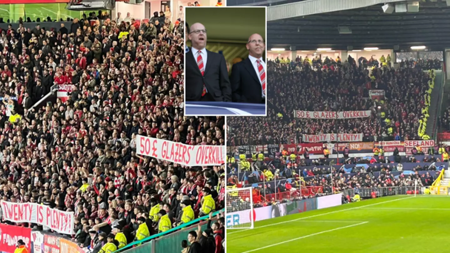 Bayern Munich fans hold up banner about the Glazers as Man Utd fans applaud protest