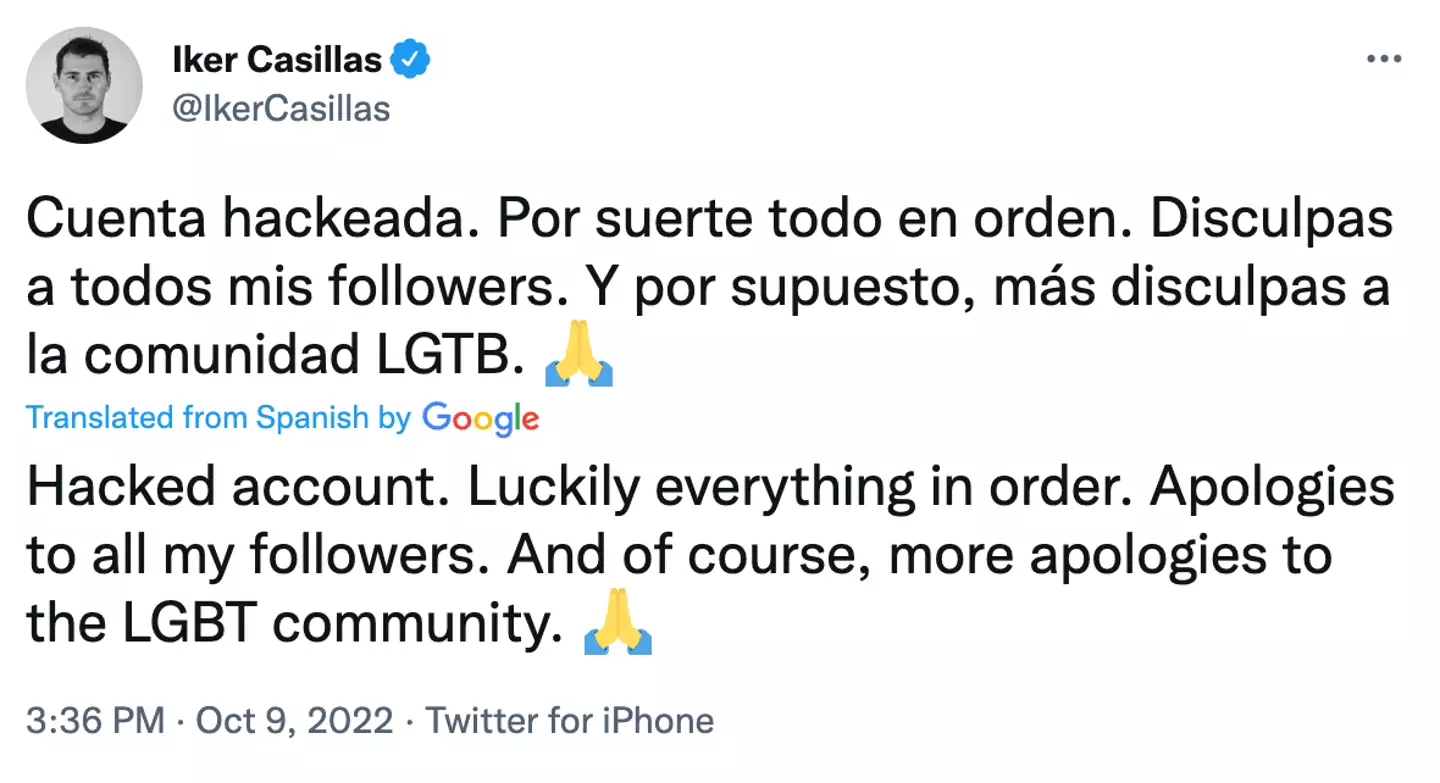 Iker Casillas' tweet on Sunday afternoon. (Image