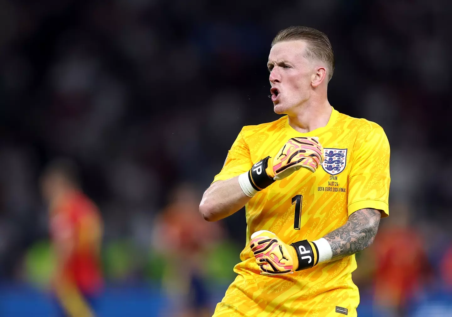Jordan Pickford celebrates England's goal against Spain. Image: Getty