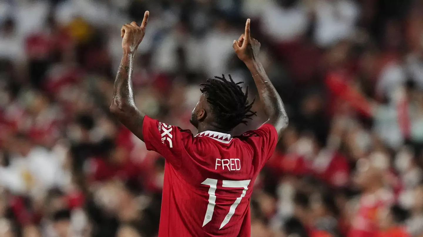 Fred celebrates scoring against Liverpool. (Alamy)