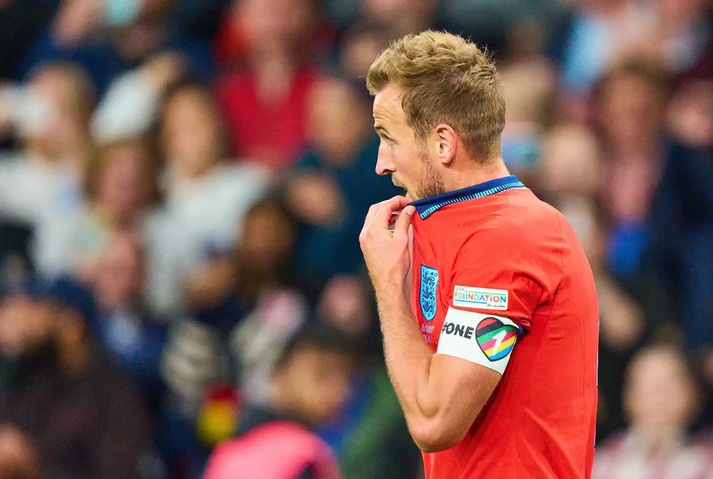 Kane wearing the One Love armband during the Nations League game vs Germany. Image: Alay