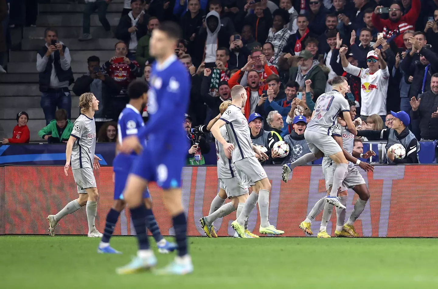 FC Salzburg celebrate their goal against Chelsea. (Alamy)