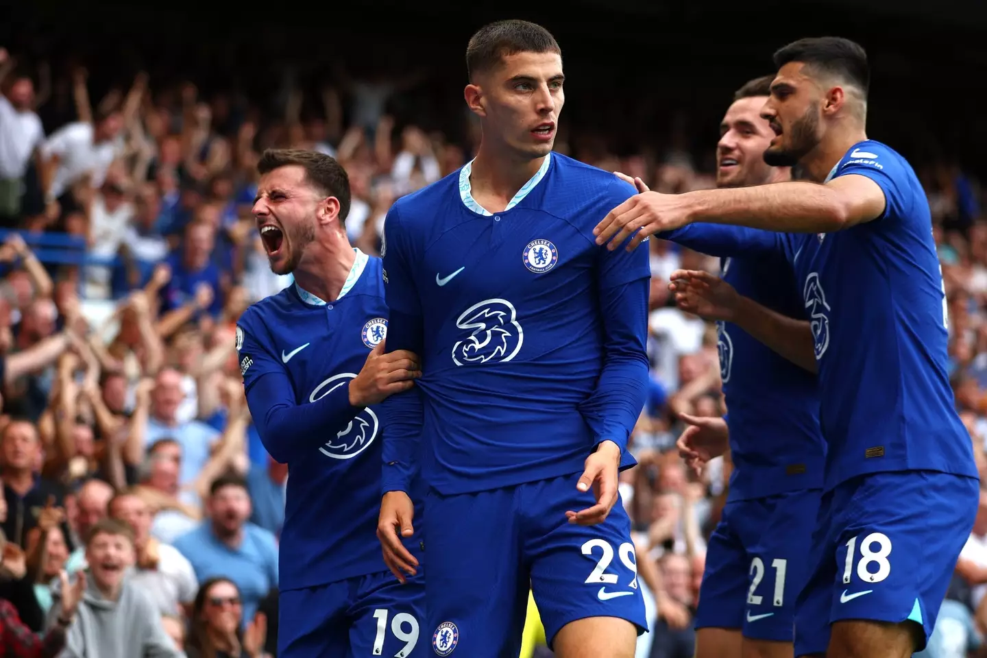 Chelsea celebrate Kai Havertz's late winner against West Ham. (Chelsea FC)