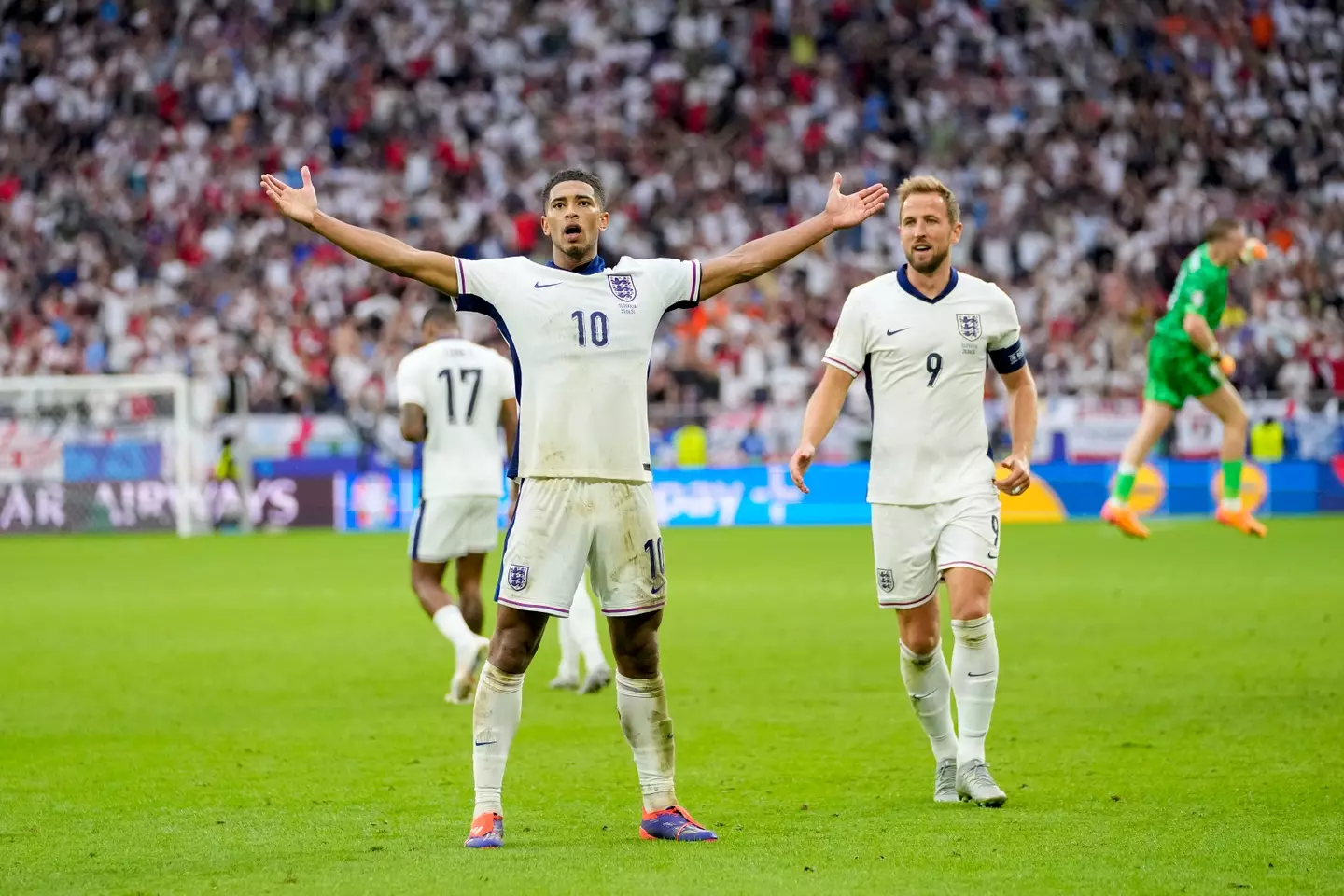 Jude Bellingham celebrates scoring a goal for England against Slovakia. Image: Getty