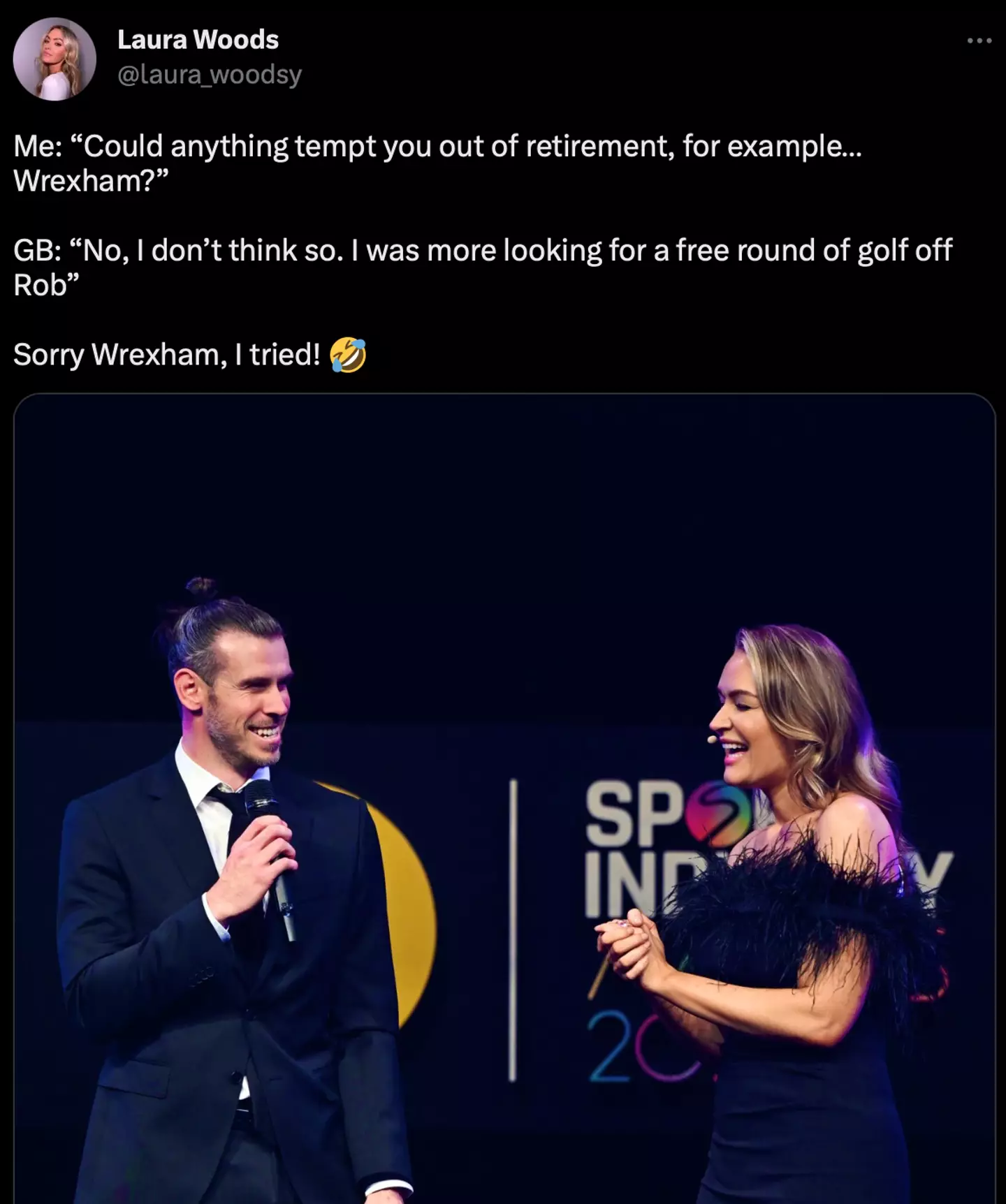 Woods Tweeted out her interaction with Bale at the UK Sports Industry Awards.