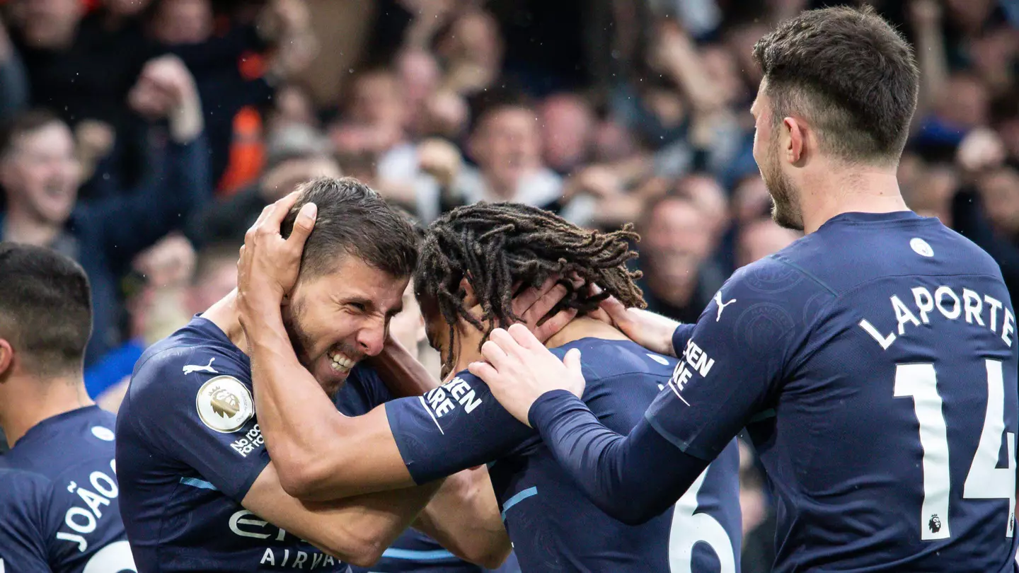 Manchester City defender Nathan Ake celebrates after scoring against Leeds United
