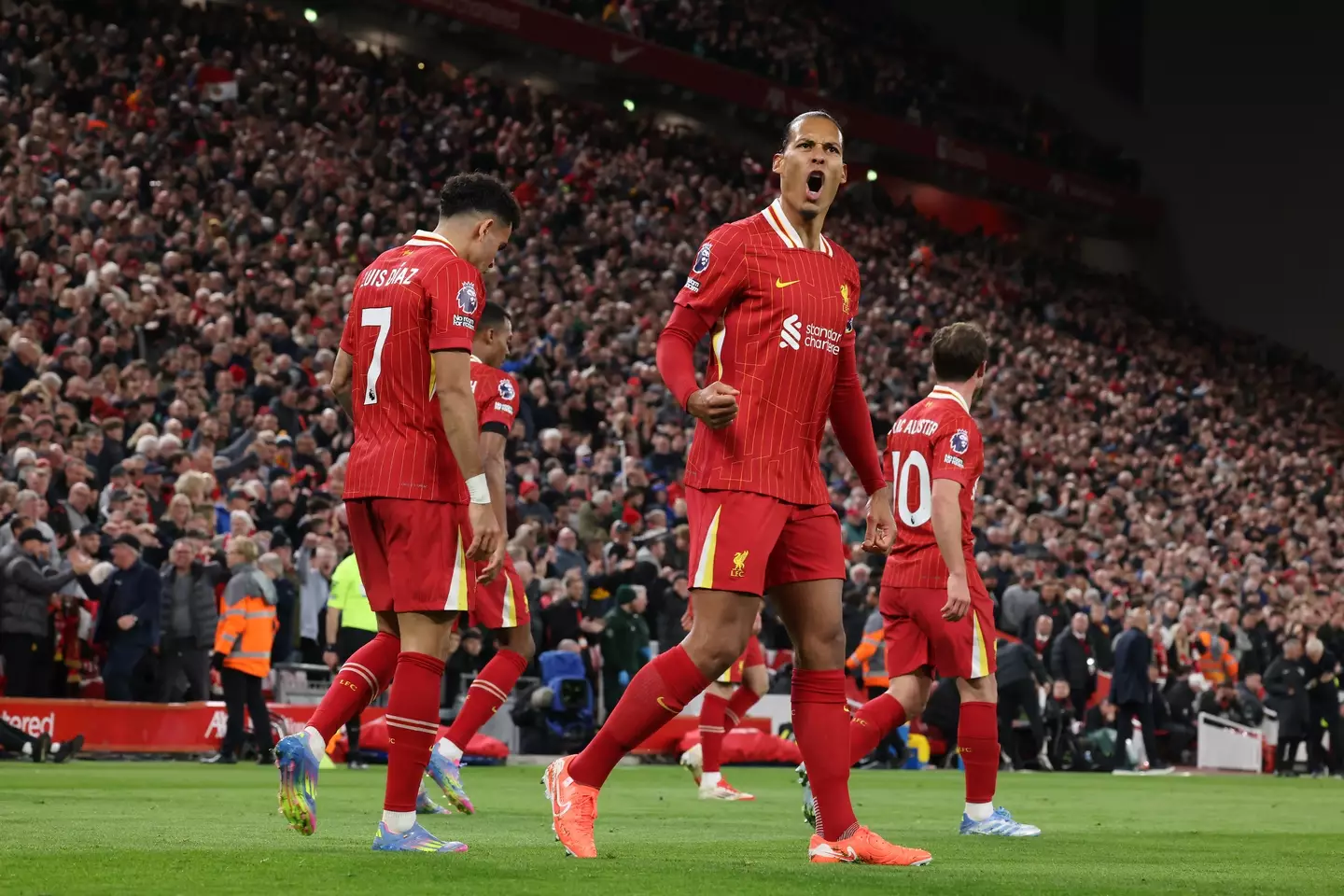 Virgil van Dijk celebrates after Diogo Jota's goal. Image: Getty