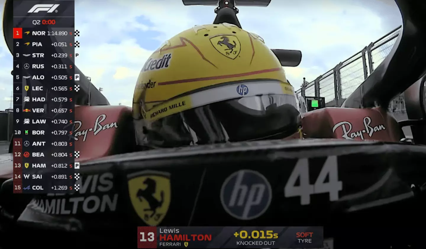 Hamilton was initially 13th but promoted to 12th after Kimi Antonelli had his lap time deleted (Image: Sky Sports F1)