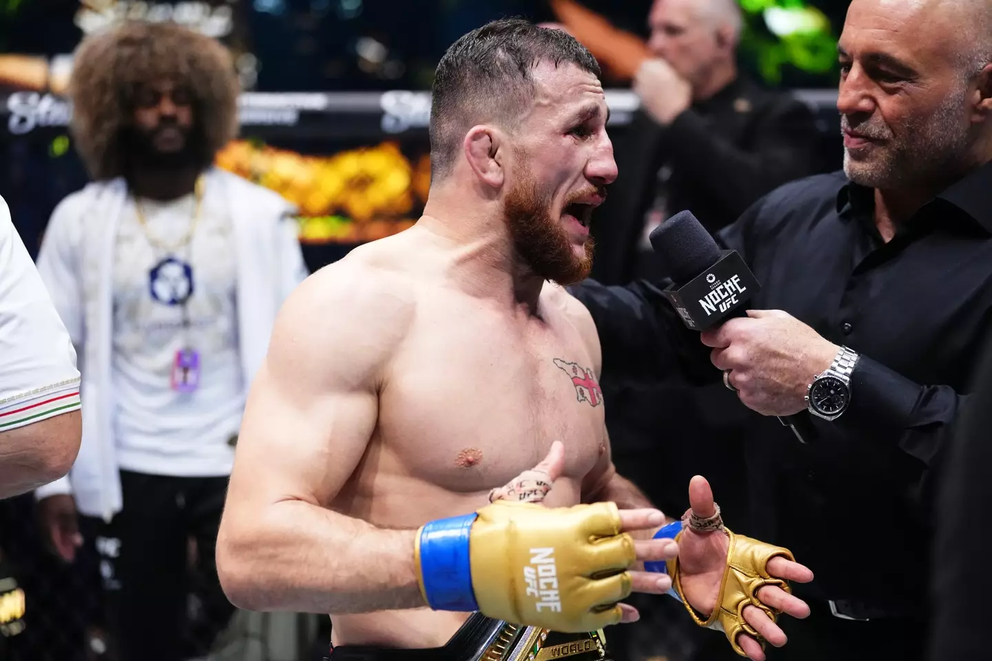 Merab Dvalishvili speaks to Joe Rogan after his UFC title victory at UFC 306. Image: Getty