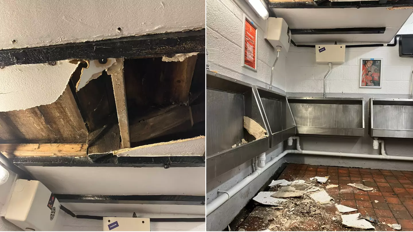 Toilet roof at Premier League stadium collapses leaving gaping hole and smashed plaster all over floor