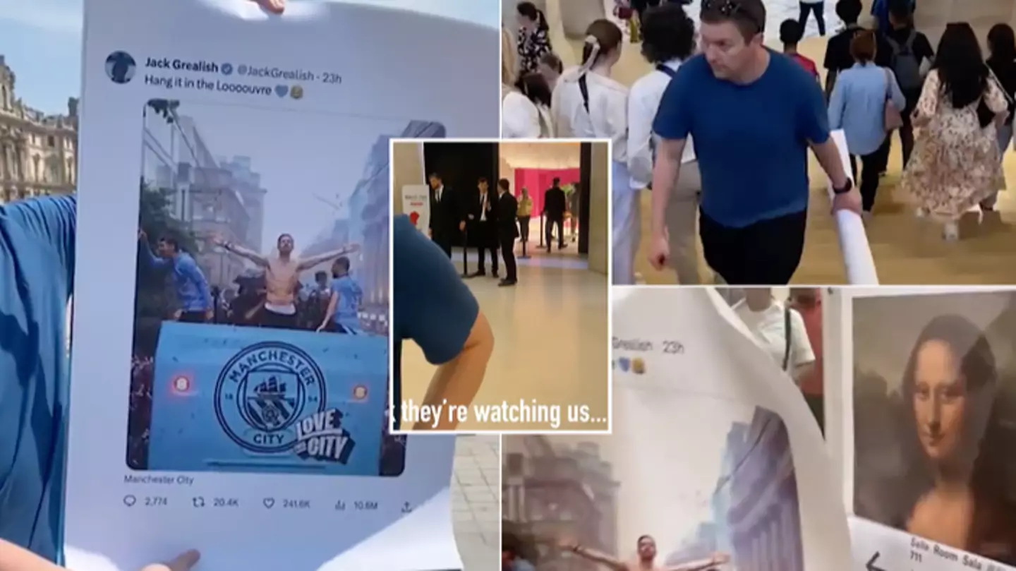 Fans hang picture of Man City star Jack Grealish in the Louvre