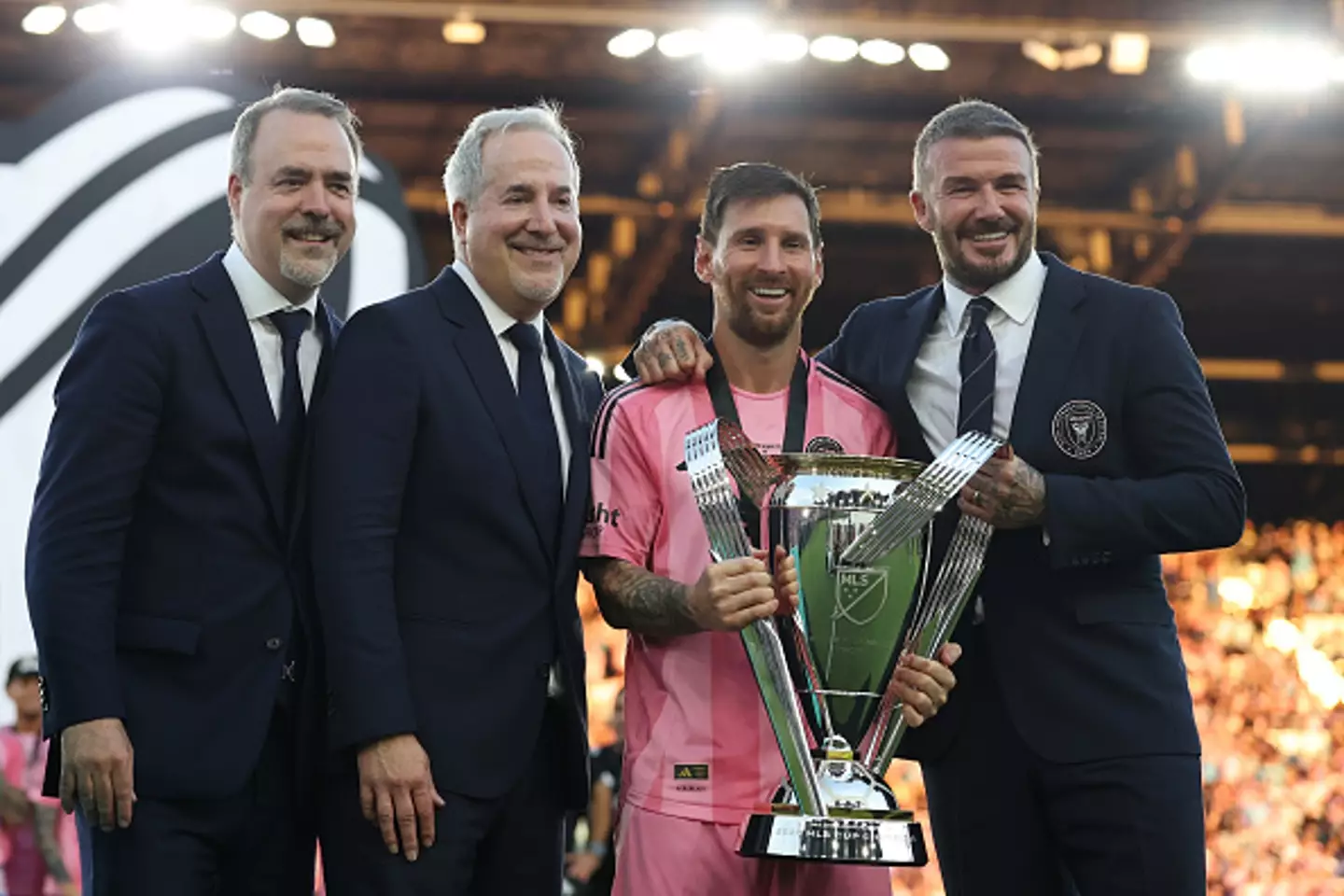 David Beckham pictured alongside Lionel Messi after Inter Miami win the MLS Cup (Image: Getty)
