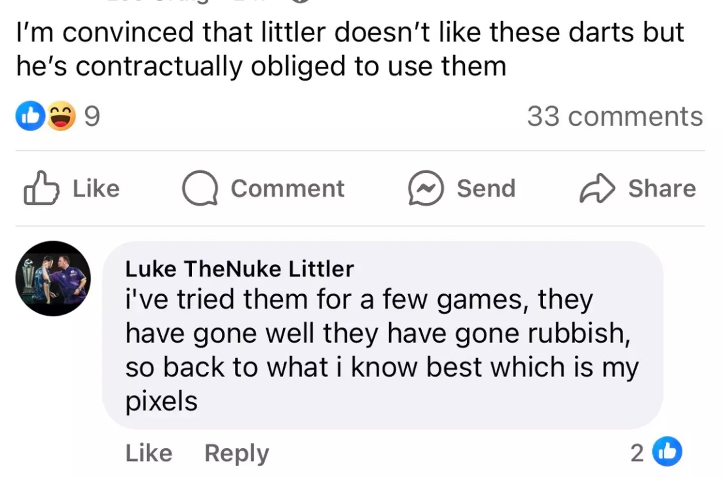 Luke Littler has replied to comments on Facebook (