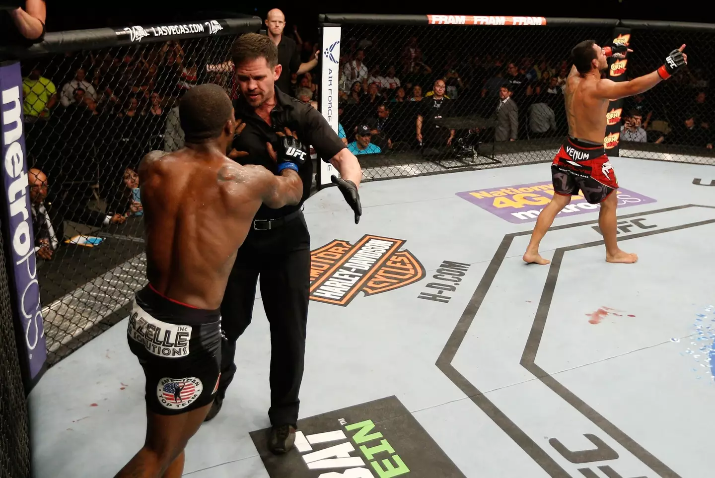 Jason High pushed referee Kevin Mulhall following his defeat to Rafael dos Anjos. Image: Getty