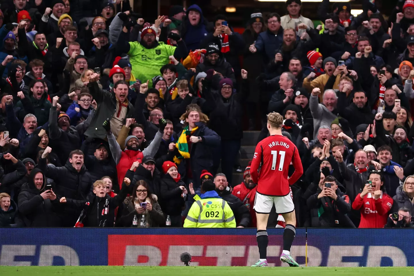 Rasmus Hojlund celebrates after scoring a goal for Manchester United. Image: Getty 