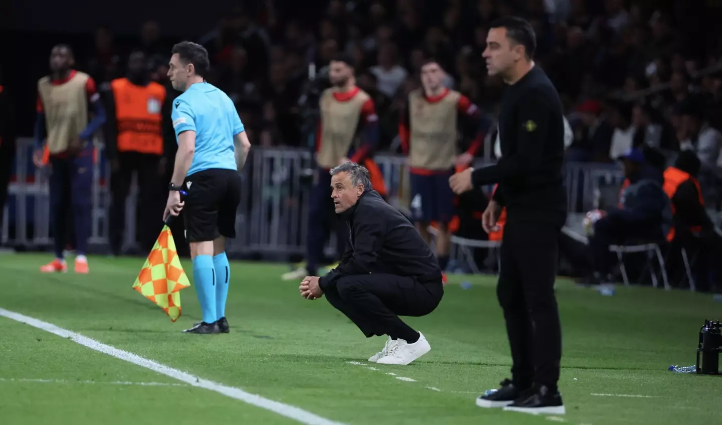 Xavi and Luis Enrique on the touchline for Barcelona vs. Paris Saint-Germain. Image: Getty